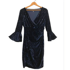 Navy VELVET Bell Sleeve Dress - Anne Klein Dark Blue Floral Dress - S
